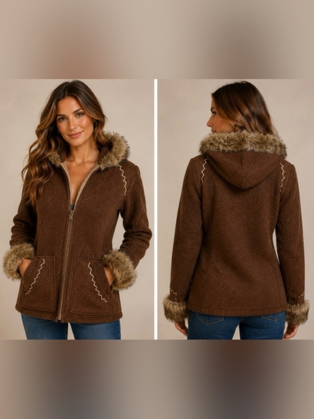 Tasha Polizzi Brown Hooded Faux Fur Trim Wool Blend Coat Small